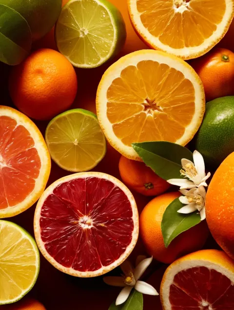 Various coloured citrus fruits, Citrus blossom, Warm natural light, cinematic