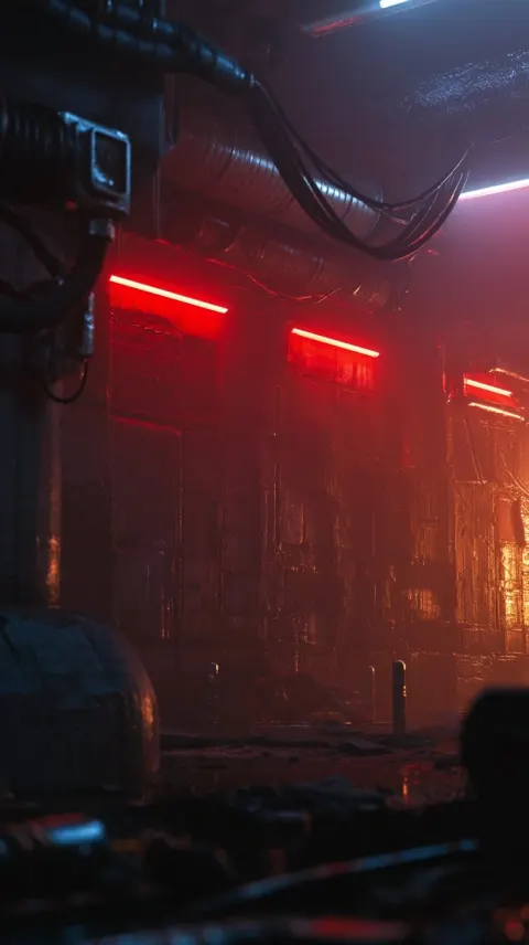 Wall of a concrete but cyberpunk bunker. straght on shot. interesting lighting. focus on center. gri