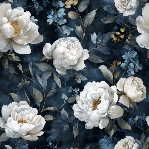 Watercolor dark blue vintage floral peonies, white roses pattern on velvet fabric texture background