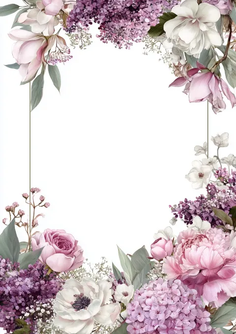 Watercolor lilac mauve rectangular floral frame with roses, peonies, hydrangea, magnolia