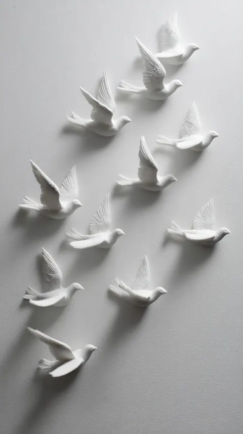 White plaster bird figures on a white wall. Soft light. High detail. Fashion photography.