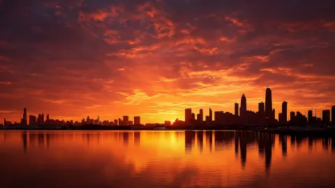 Wide shot. a silhouetted city skyline during a sunrise. high contrast. warm hues