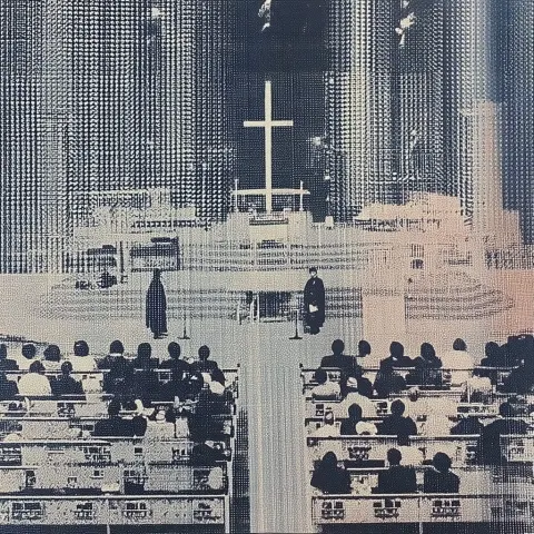 Church service showcasing an AI-powered funeral product, using simple modern graphic design