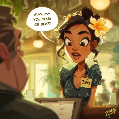 Zippys employee asking "may i take your order" in hawaiian pidgin