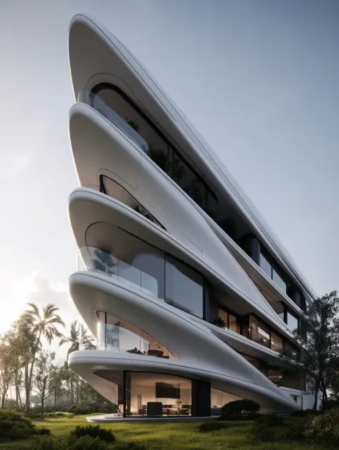 A multi store apartment building in white, shaped like a yatch form, curved corners
