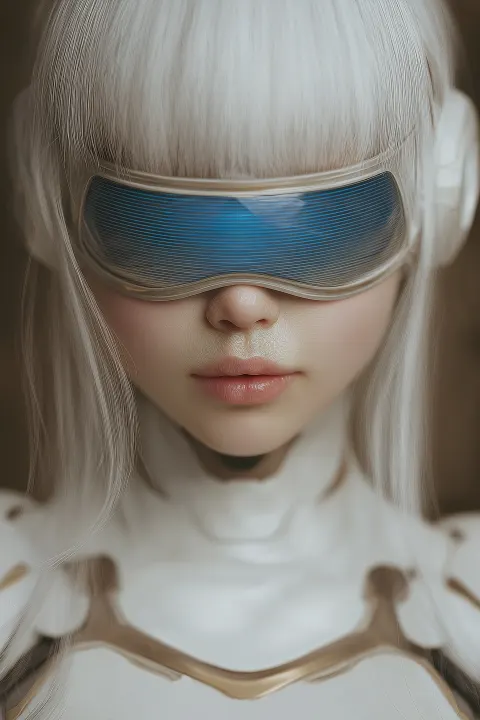 A woman with white hair, a futuristic mask, and headgear that covers his face in the style of Ghostp