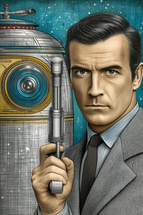 Classic sci-fi comic style, hero with blaster, stars background, vintage drama composition, no text
