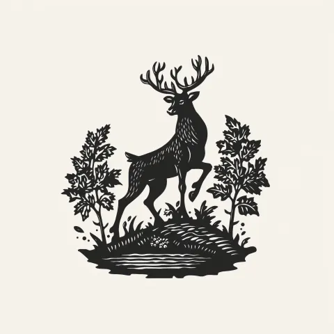 A simple, medieval family crest, a proud stag stood on top a hill, vector, black on white