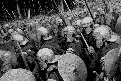 Shield wall close up black and white noire forest legionary battle formation, roman wide angle