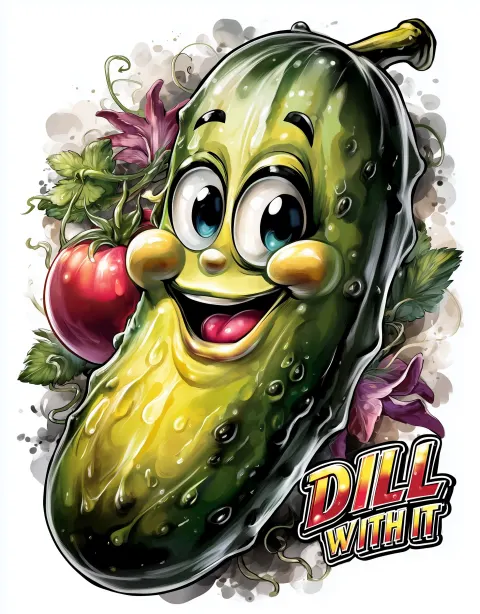 Hyper-realistic cartoon pickle smiling, text "DILL" "WITH IT", clean bold letters