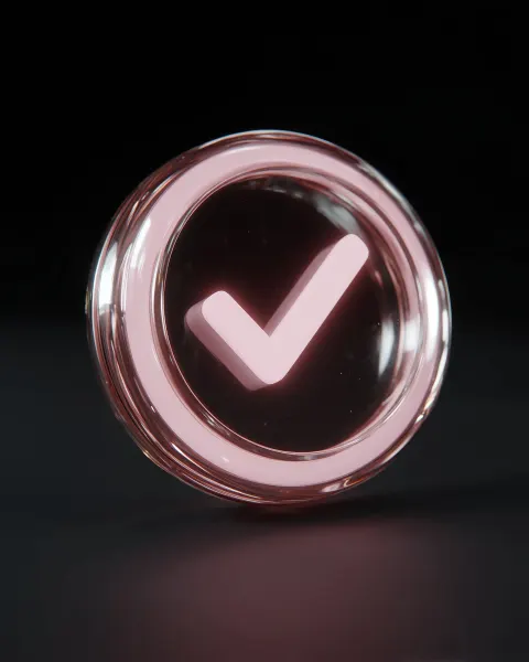 3d pink glass approval icon, black background, light pink rim light