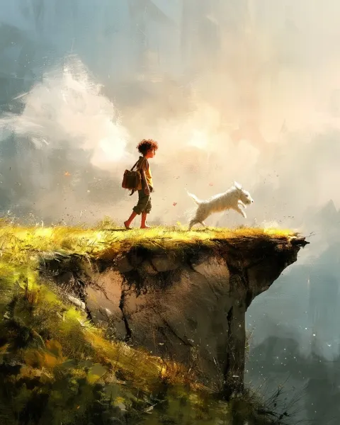 A barefoot wanderer stands at the edge of a sunlit cliff, a small pack slung over their shoulder