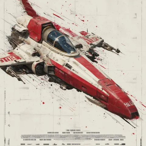A bold, high-impact movie poster featuring a futuristic red and white fighter spaceship with detaile