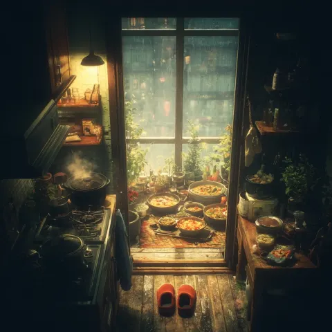 A cozy home scene, soft lighting, slippers placed at the entrance