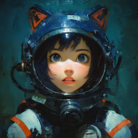 A cute robot girl with cat ears and beautiful eyes, wearing diving suit,looking into the user