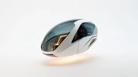 A futuristic personal flying vehicle, sleek pod-like design