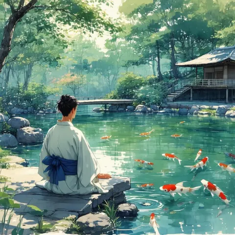 Yukata Man Relaxing by a Koi Pond