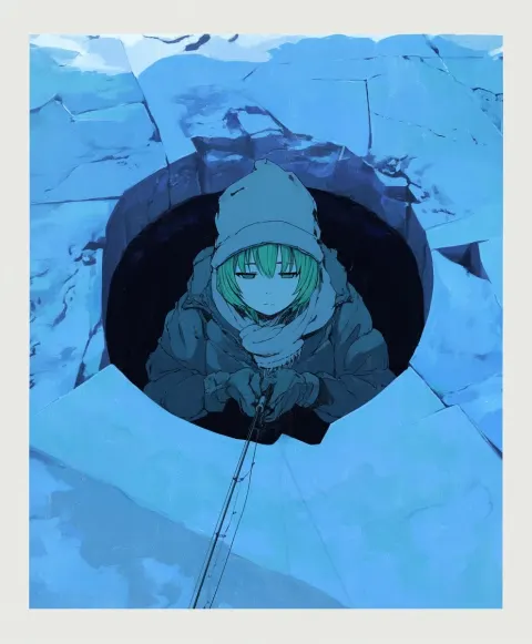 A perfectly circular, dark hole carved into thick, cracked blue ice. Looking down into the terrifyin