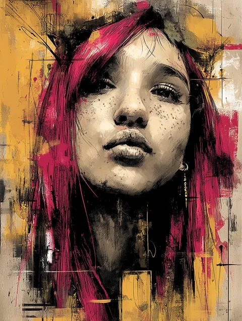A portrait of a woman with pink hair, drawn in the style of Alex Pardee and featuring inked lines. T