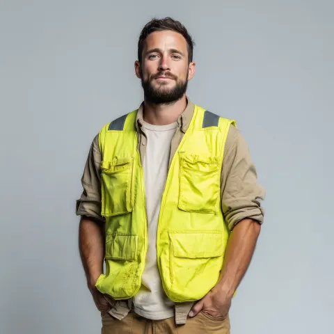 A realistic photo of a 25 year old man, short facial hair. From the waist up. He is wearing a simple