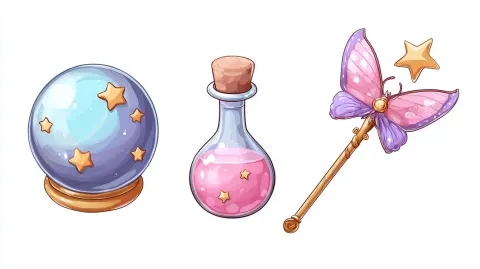A set of cute cartoon magic items including a crystal ball, a pink potion bottle