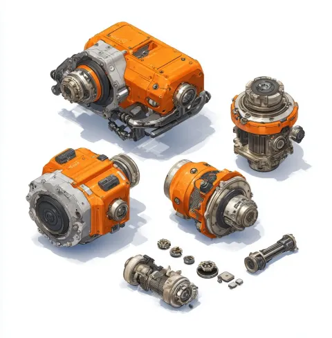 A set of game props, several small engine parts and engines with orange metal faces