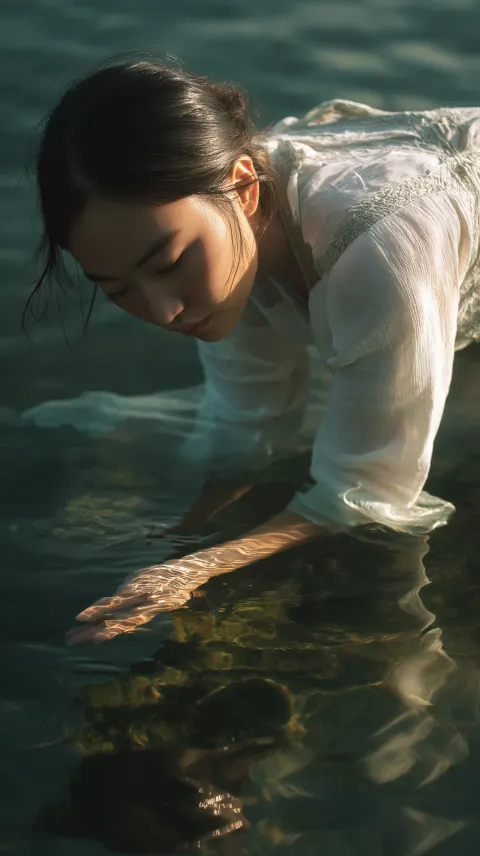 An Asian girl, Chinese, moves slowly; a Japanese woman's figure