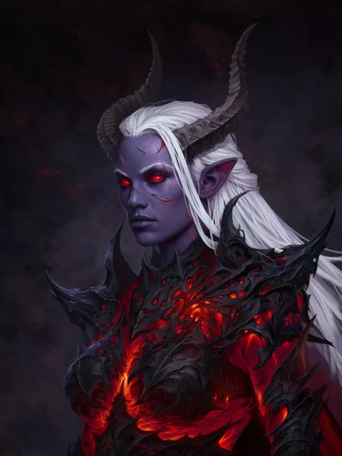 A strong evil female drow character, white hair, purple skin, red eyes, scars, horns