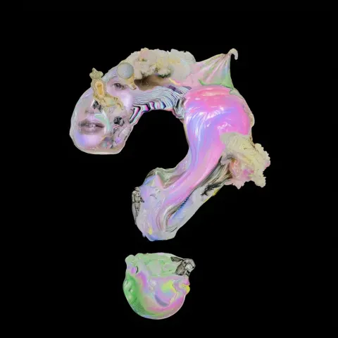 A surreal question mark formed from layered forms: face, throne, hot air balloon, robot
