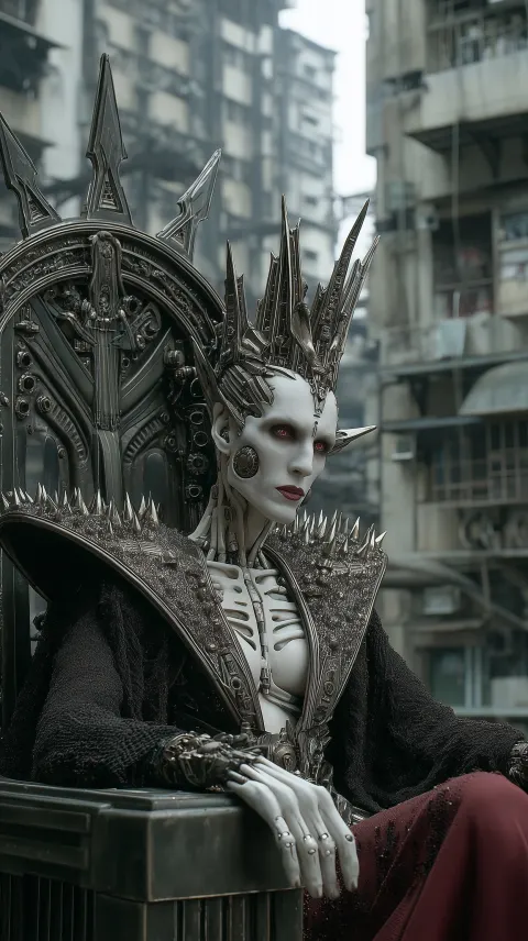 A wise dystopian queen with pale skin, glowing white eyes, and cybernetic enhancements
