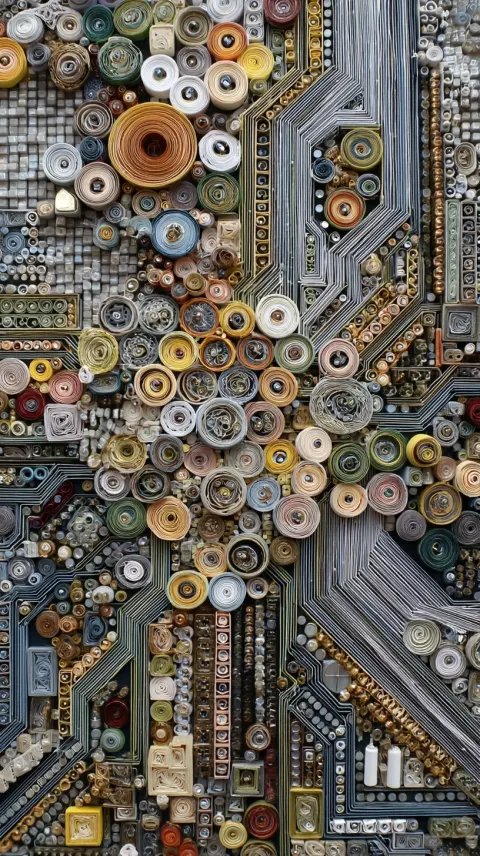 Abstract and intricate paper quilling art and mosaic tiles, arranged to look like a circuit board