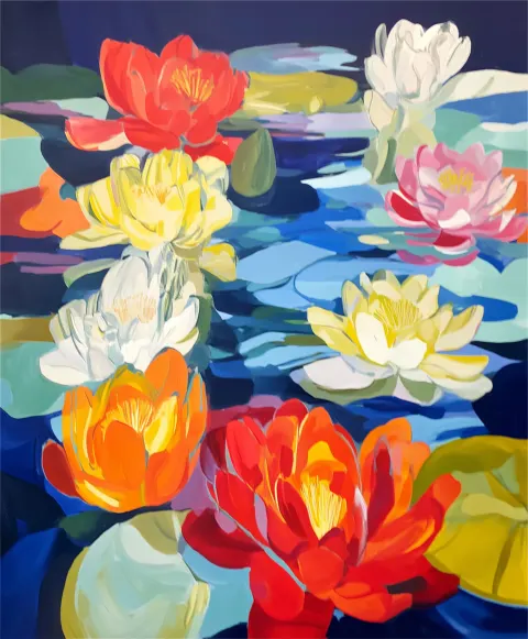 Abstract oil painting, water lilies in the pond, simple form, layered lines