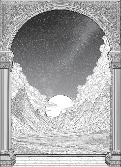 Adult coloring book line art, fine black outlines, white background. A beautiful, ornate