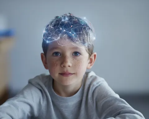 An 8-year-old boy sits at a desk in a school classroom. His head is filled with a minimalist abstrac