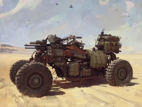 An all terrain post apocalyptic, cyberpunk, salvagepunk motorcycle with four wheels making two wheel