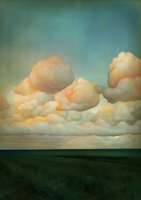 An oil painting of a landscape with clouds in the sky
