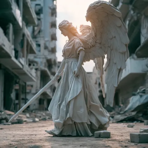 Angel made of white marble, carrying a sword, is walking through an empty street in an abandoned cit