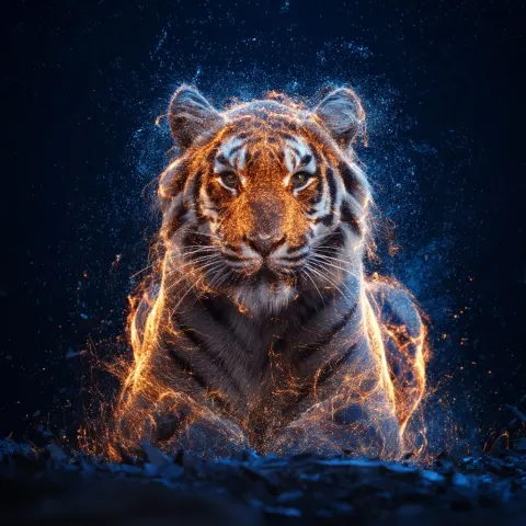 Beautiful and elegant tiger made of glowing particles, blue orange light effects, full body photo