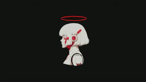 Black background, minimalist illustration of an anime-style female robot in profile with a halo
