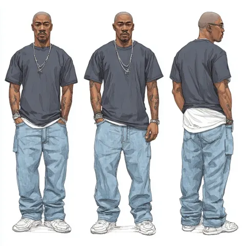 Book style drawing reference full body front, back and side of black man modern thug. age 35