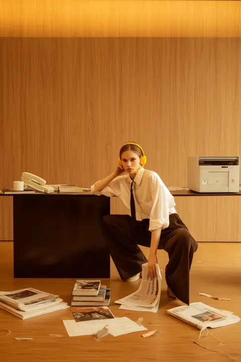 Cinematic fashion editorial office scene, minimalist studio with a warm wooden wall background
