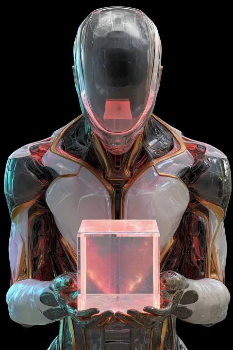 Create a 3D character. High-quality render. The character is a humanoid android. Its body is made of
