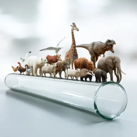 Create a photorealistic photo. On a tabletop in a high-tech laboratory lies a huge, long