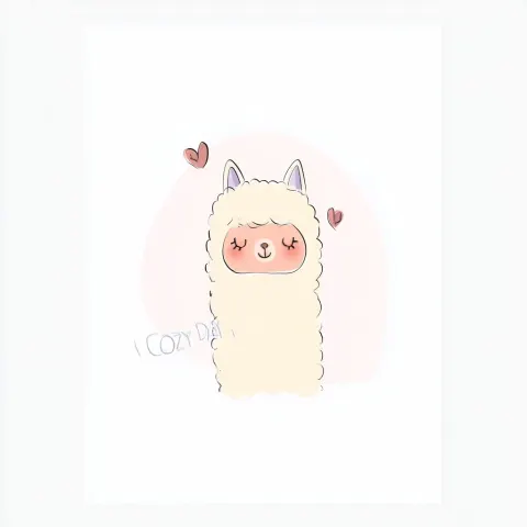 Cute alpaca with closed eyes, calm peaceful expression, naive sketch style