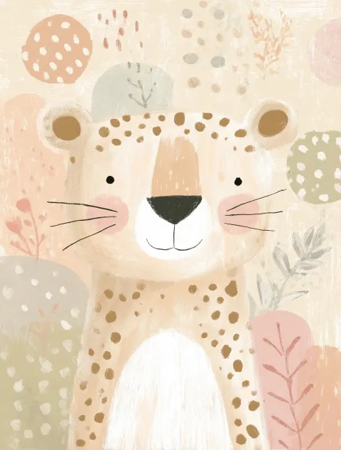 Cute cheetah illustration, in pastel colors, with a childish style, simple shapes