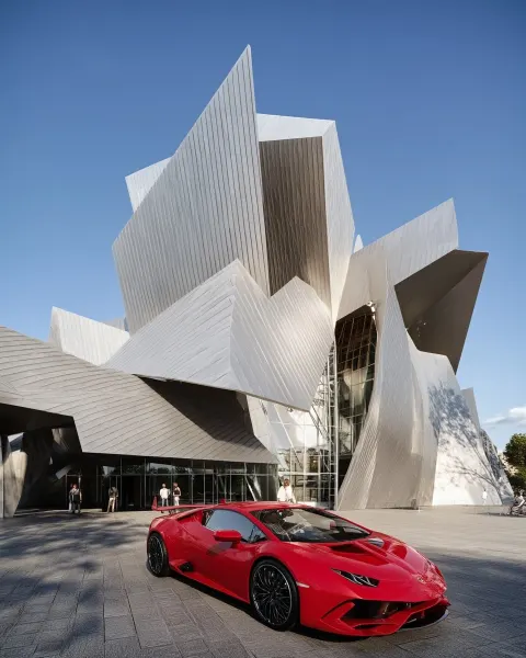 Deconstructivist architecture building, fragmented titanium and steel forms