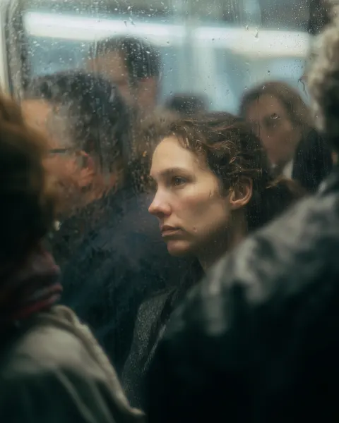 Distant shot, centered, crowded standing people on chicago train seen through train window