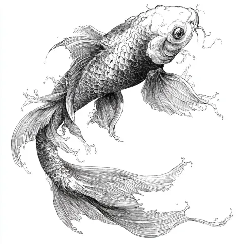 Drawing of a Koi carp a fairy-tale style , in black and white