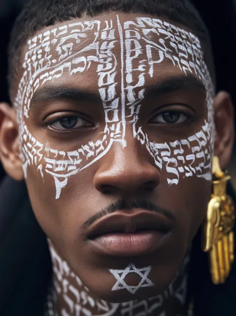 Extreme close-up shot of a black male rapper face, his skin adorned with intricate white hebrew scri