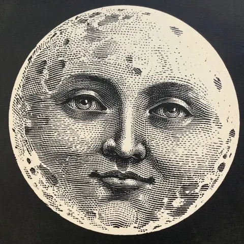 Full moon face image, as if from a 1940s wall calendar. black on pure white drawing.